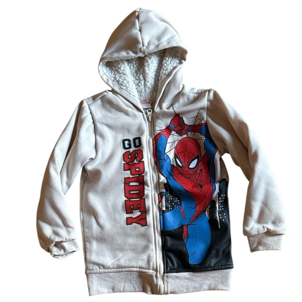 MARVEL SPIDER-MAN KIDS BOYS SHERPA LINED HOODIE JACKET CREAM SUPER WARM SIZE 7